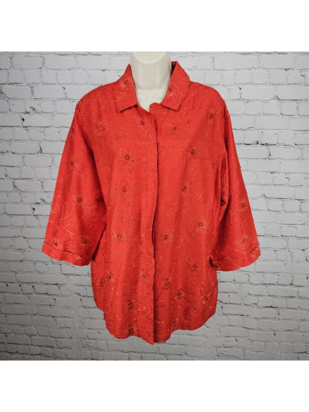 VTG Chico's Design Red Silk Embroidered Flowers Beaded 3/4 Sleeve Top 3 US 16